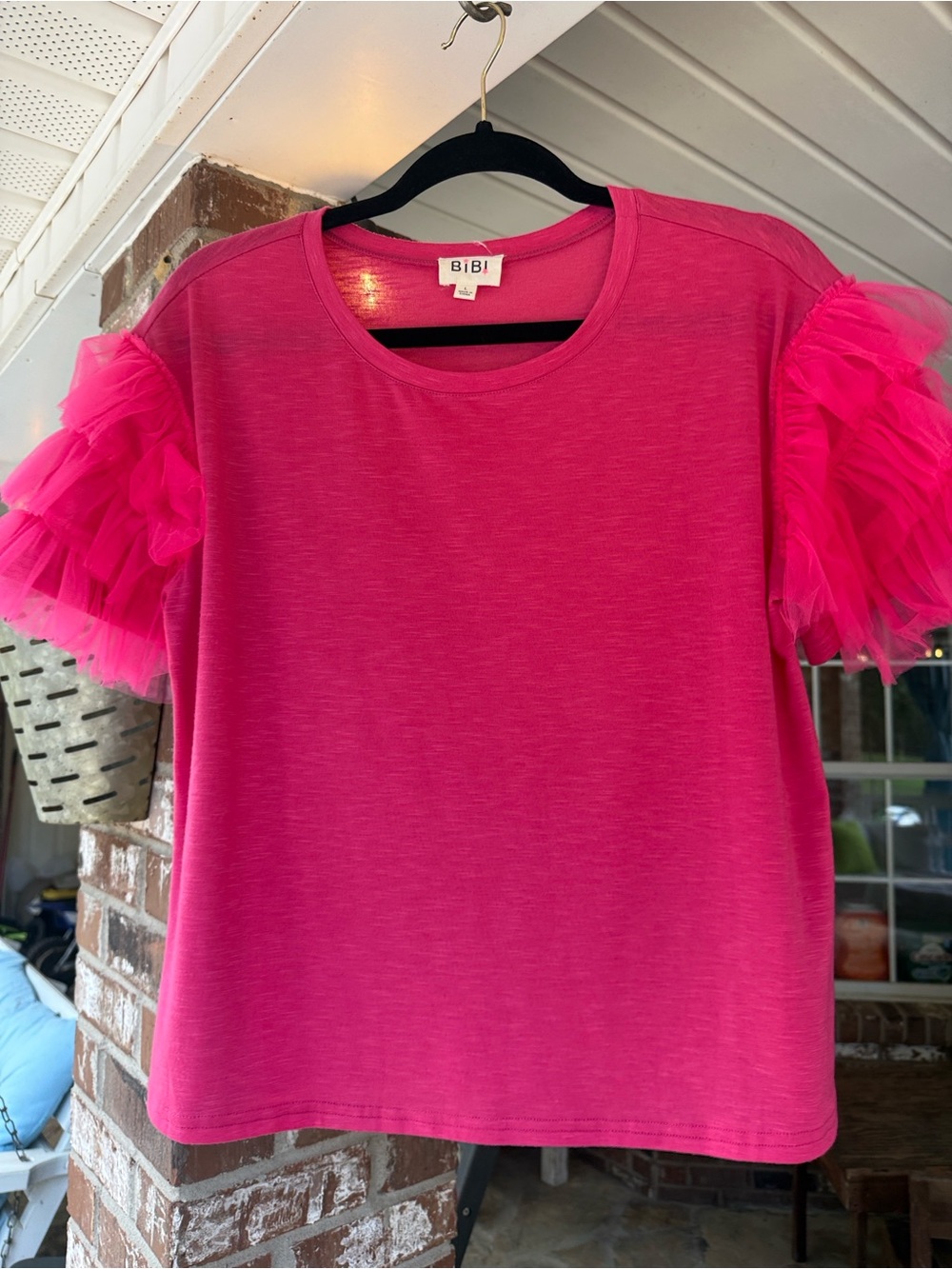 BiBi Bright Pink Short Sleeve Top with Tulle Ruffle Sleeves